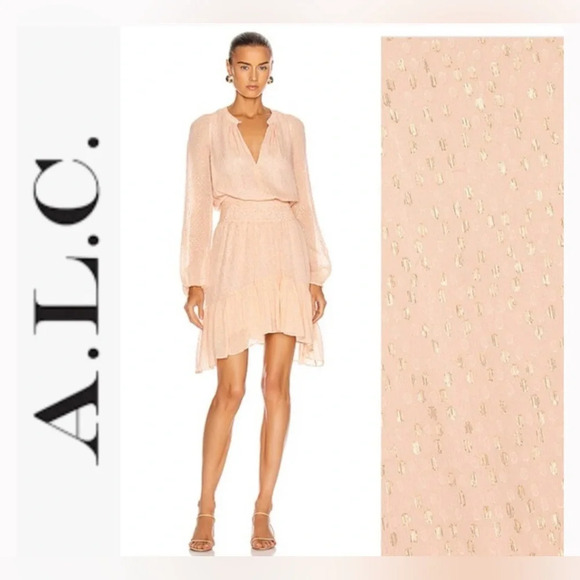 NWT A.L.C. Sidney Silk Dress in Pale Pink and Metallic Gold 0 - Picture 1 of 5